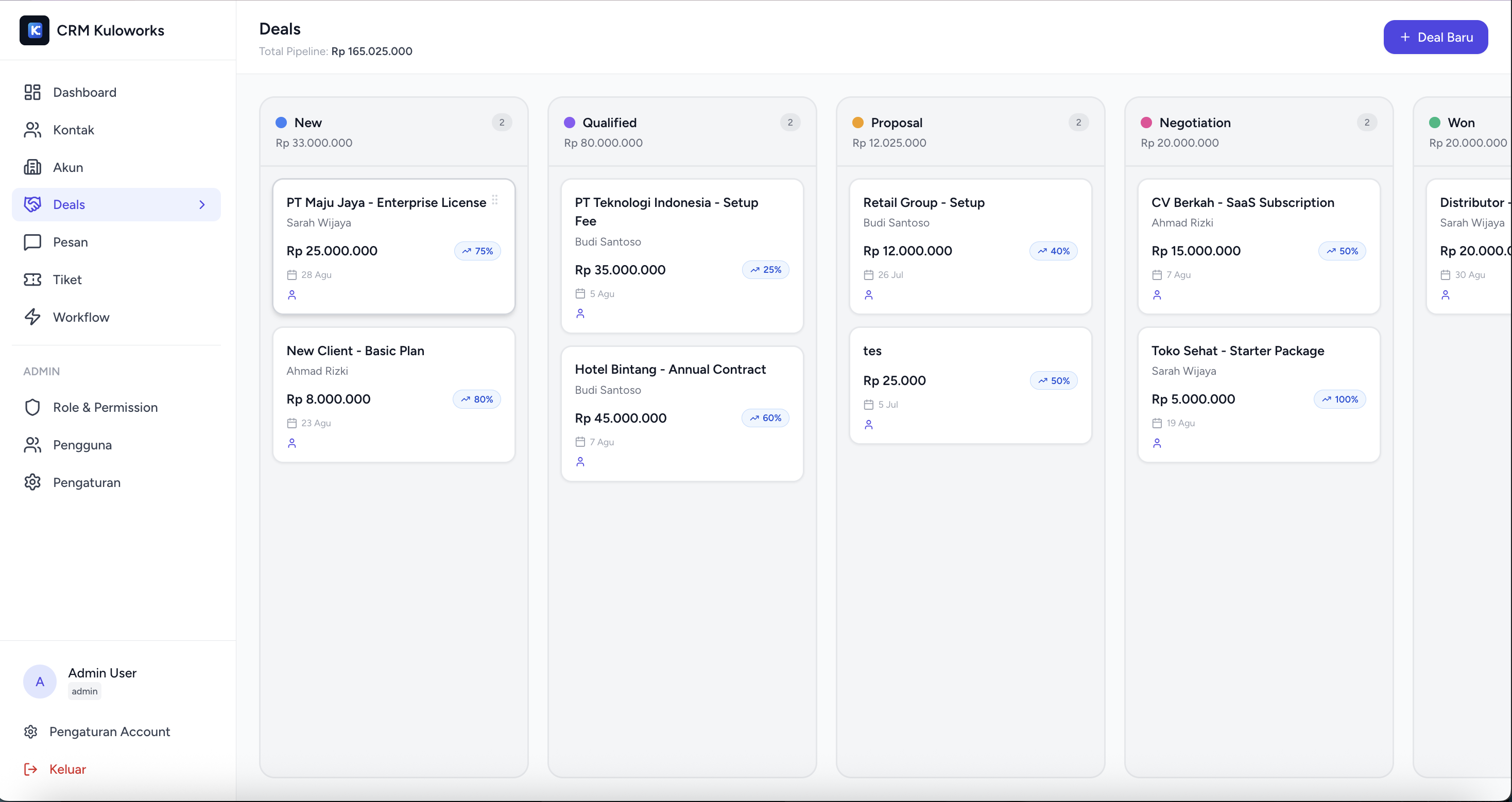 CRM Deals Kanban — Pipeline penjualan dengan drag-and-drop